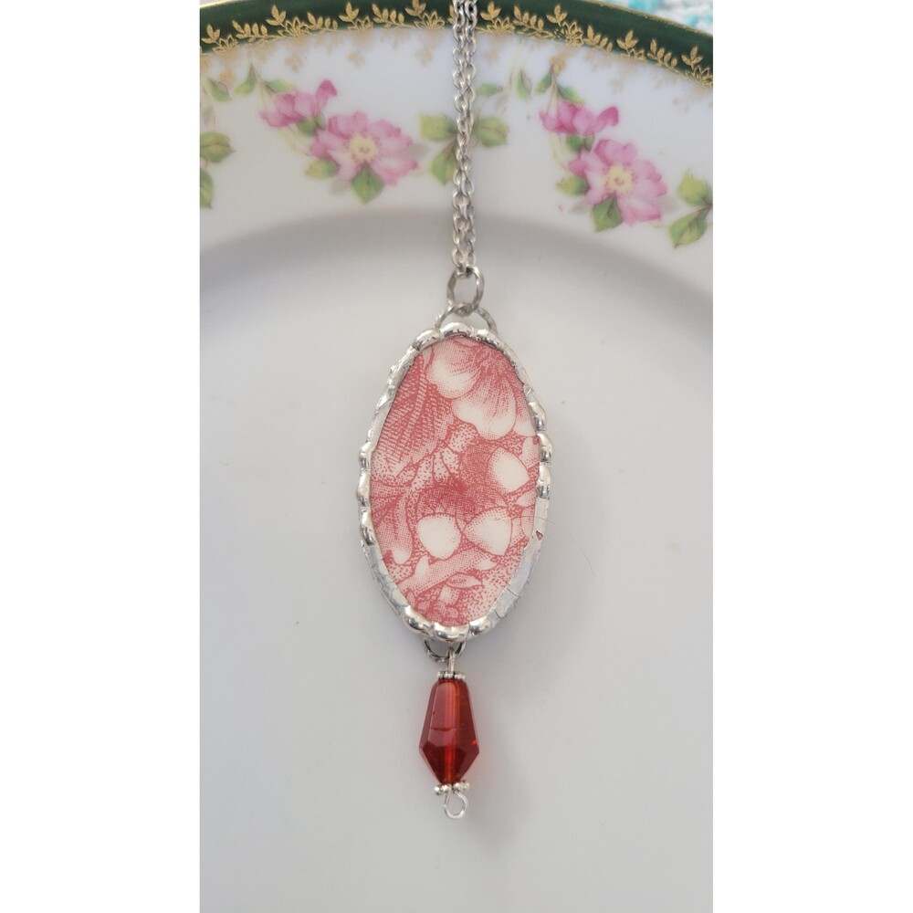 Broken China Red Acorns Transferware  Soldered Handcrafted Pendant Necklace